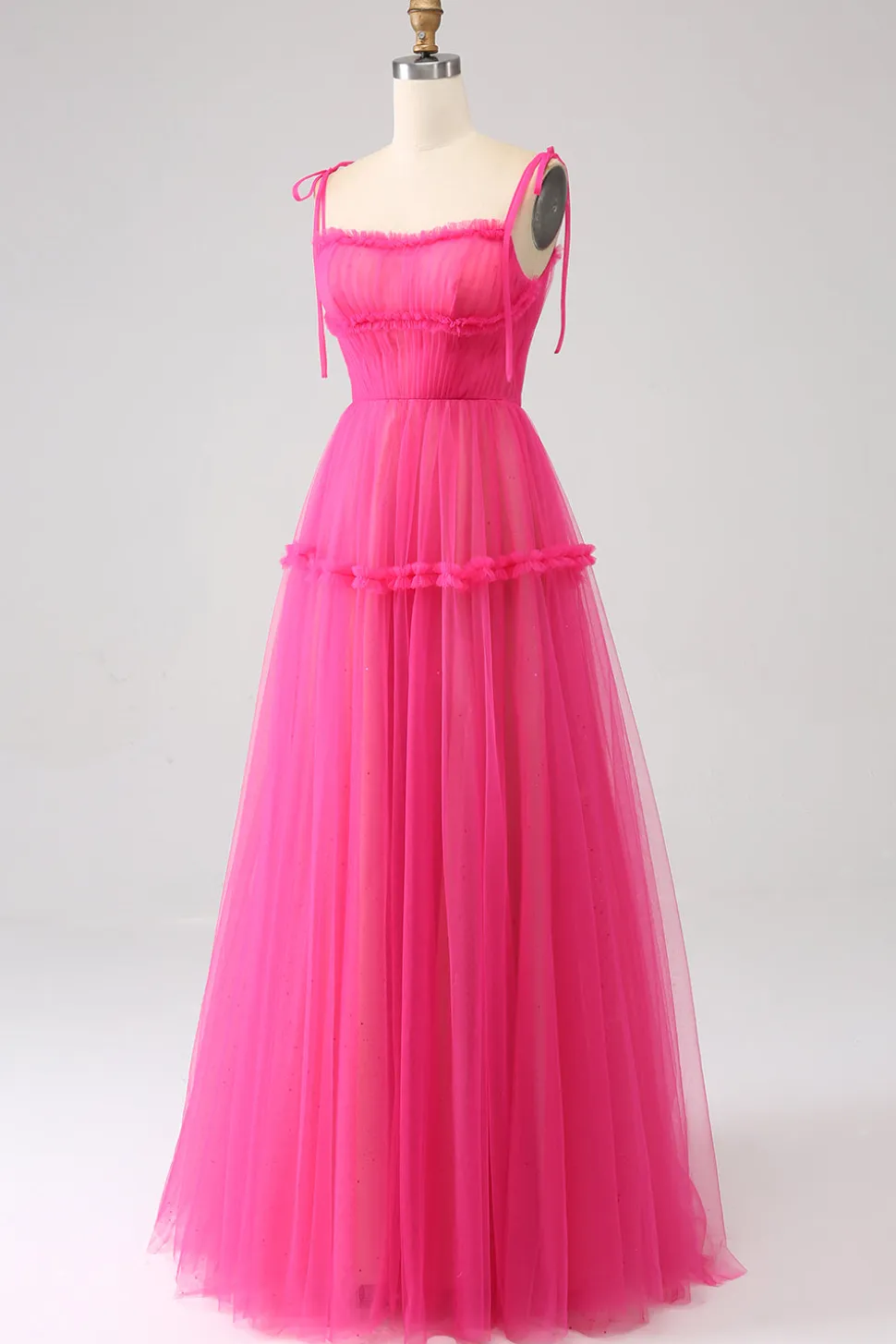 Fuchsia A-Line babado longo vestido de baile de tule