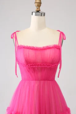 Fuchsia A-Line babado longo vestido de baile de tule
