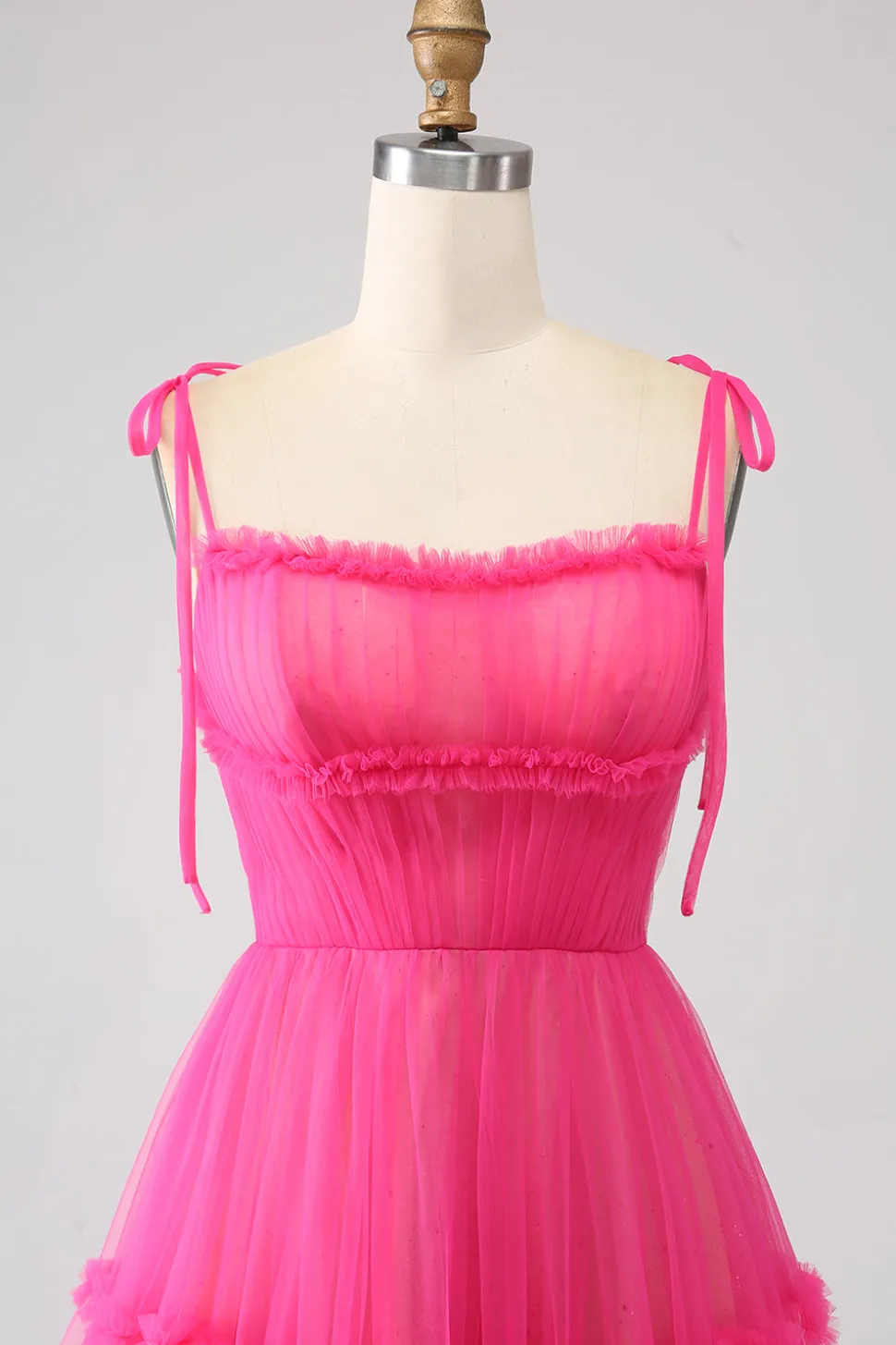 Fuchsia A-Line babado longo vestido de baile de tule