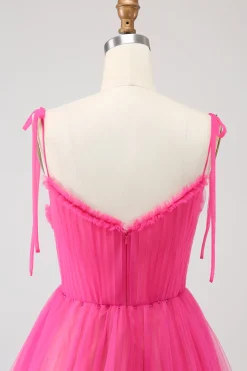 Fuchsia A-Line babado longo vestido de baile de tule