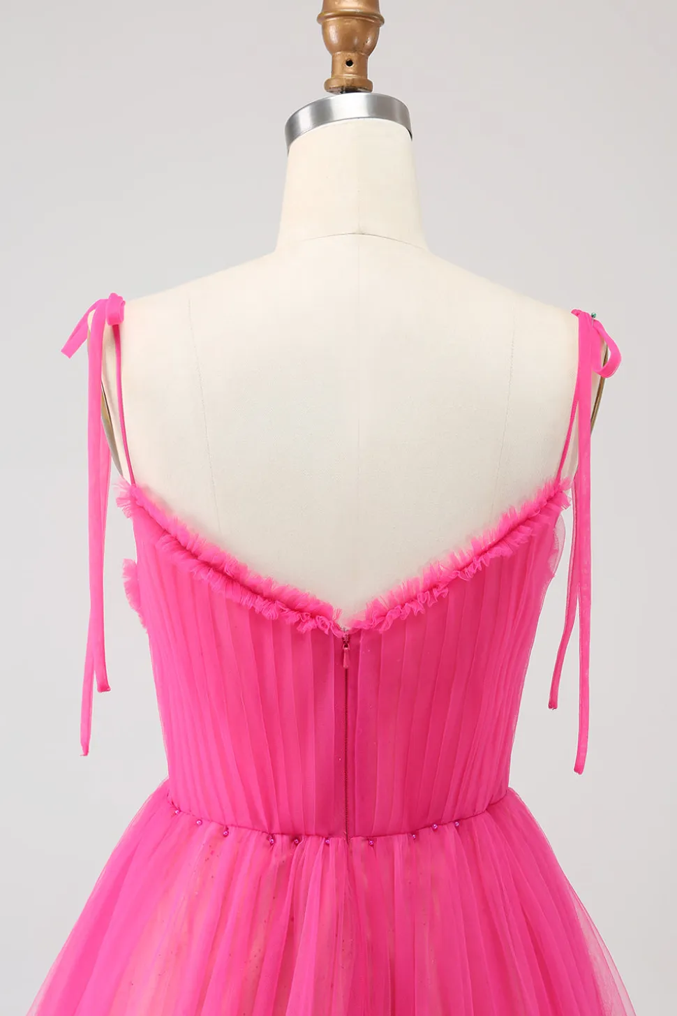 Fuchsia A-Line babado longo vestido de baile de tule