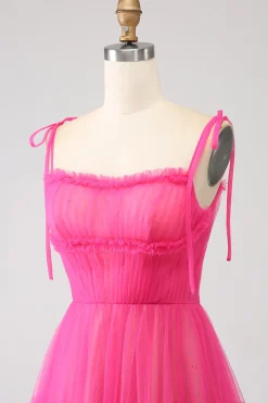 Fuchsia A-Line babado longo vestido de baile de tule