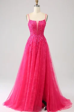 Fuchsia A-Line Corset Lace Long Prom Dress com Fenda
