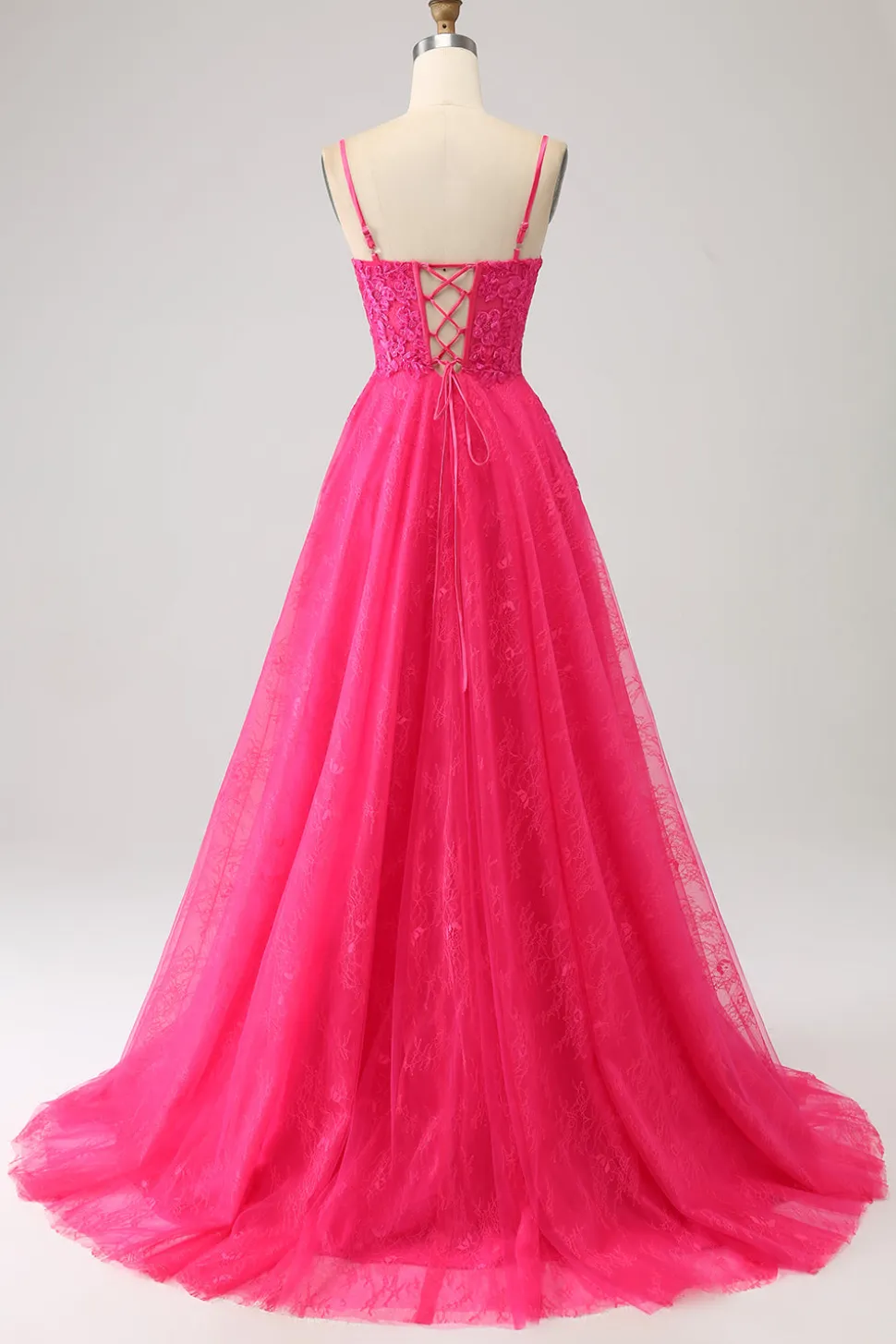 Fuchsia A-Line Corset Lace Long Prom Dress com Fenda