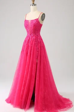 Fuchsia A-Line Corset Lace Long Prom Dress com Fenda