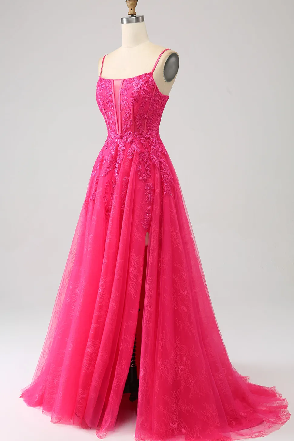 Fuchsia A-Line Corset Lace Long Prom Dress com Fenda