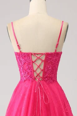 Fuchsia A-Line Corset Lace Long Prom Dress com Fenda