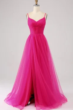 Fuchsia A-Line Esparguete Correias Longo Corset Prom Dress com Fenda
