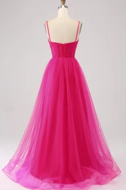 Fuchsia A-Line Esparguete Correias Longo Corset Prom Dress com Fenda