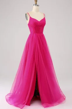 Fuchsia A-Line Esparguete Correias Longo Corset Prom Dress com Fenda