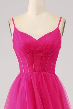 Fuchsia A-Line Esparguete Correias Longo Corset Prom Dress com Fenda