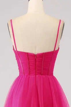 Fuchsia A-Line Esparguete Correias Longo Corset Prom Dress com Fenda