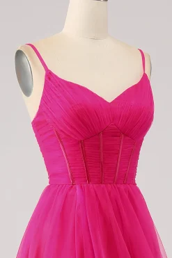 Fuchsia A-Line Esparguete Correias Longo Corset Prom Dress com Fenda