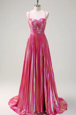 Fuchsia A-Line Esparguete Correias Metálicas Plissado Longo Vestido de Baile com Fenda