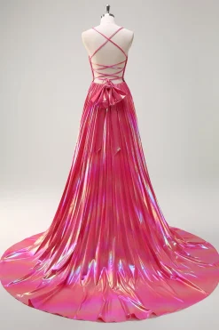 Fuchsia A-Line Esparguete Correias Metálicas Plissado Longo Vestido de Baile com Fenda