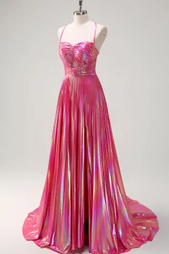 Fuchsia A-Line Esparguete Correias Metálicas Plissado Longo Vestido de Baile com Fenda
