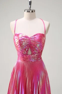 Fuchsia A-Line Esparguete Correias Metálicas Plissado Longo Vestido de Baile com Fenda