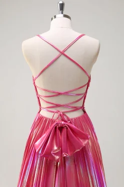 Fuchsia A-Line Esparguete Correias Metálicas Plissado Longo Vestido de Baile com Fenda
