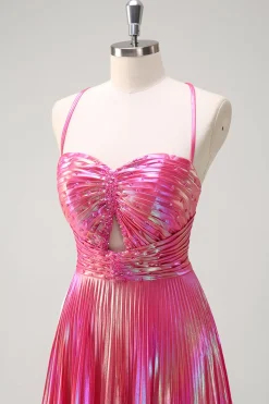 Fuchsia A-Line Esparguete Correias Metálicas Plissado Longo Vestido de Baile com Fenda