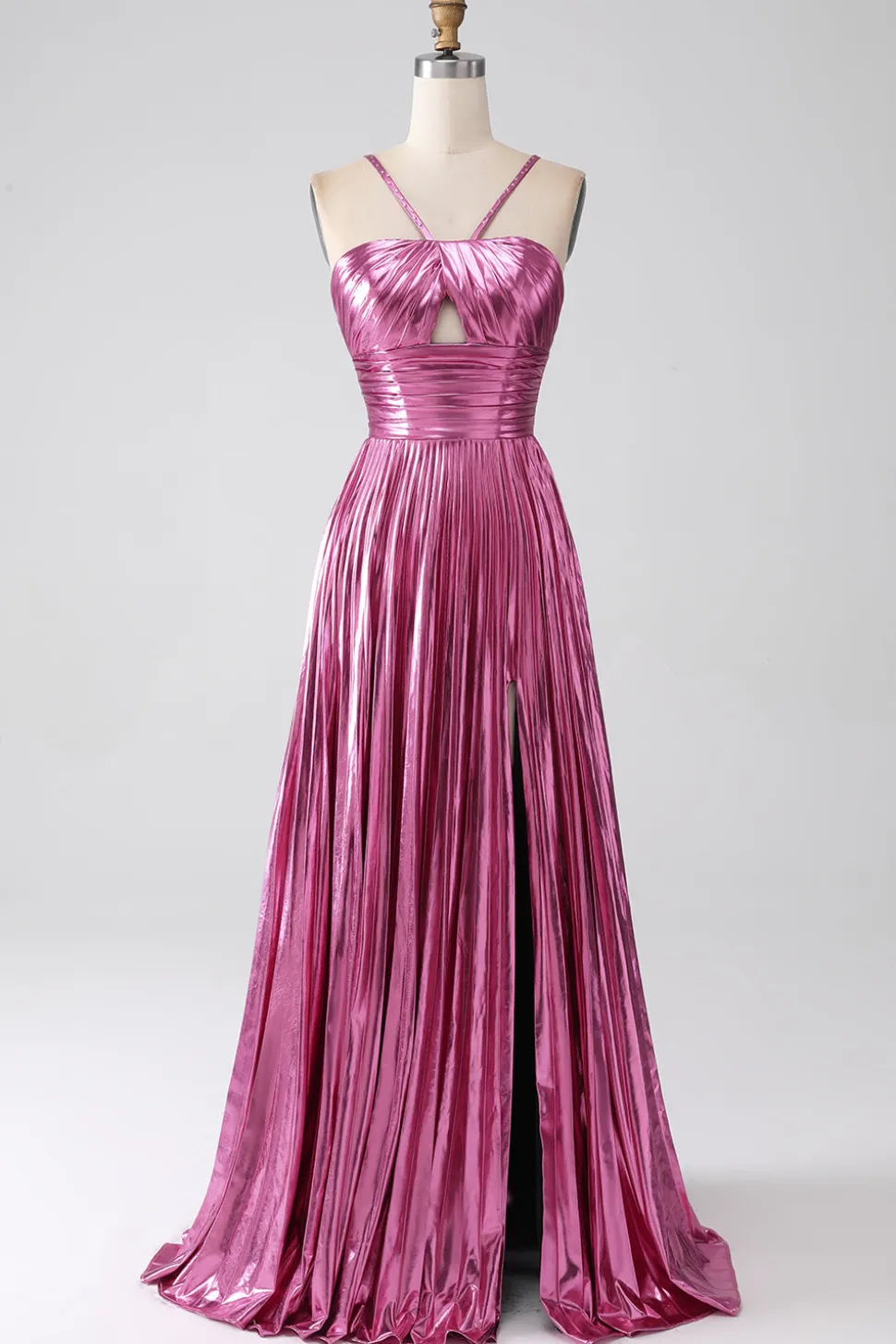 Fuchsia A-Line Esparguete Alças Vestido de Baile Plissado com Fenda