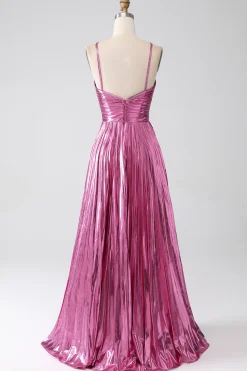 Fuchsia A-Line Esparguete Alças Vestido de Baile Plissado com Fenda