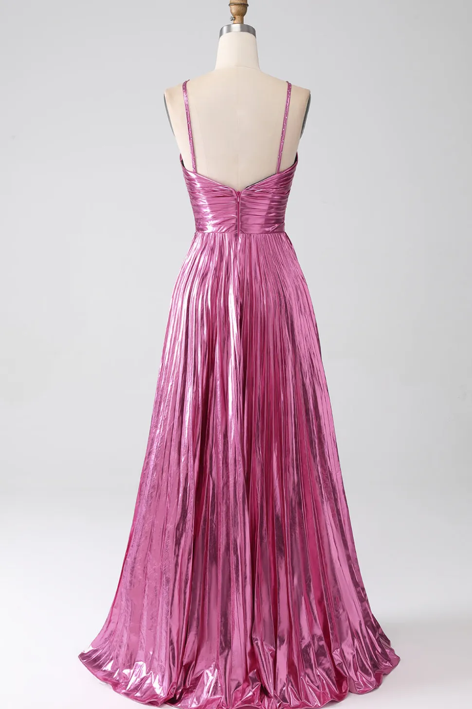 Fuchsia A-Line Esparguete Alças Vestido de Baile Plissado com Fenda