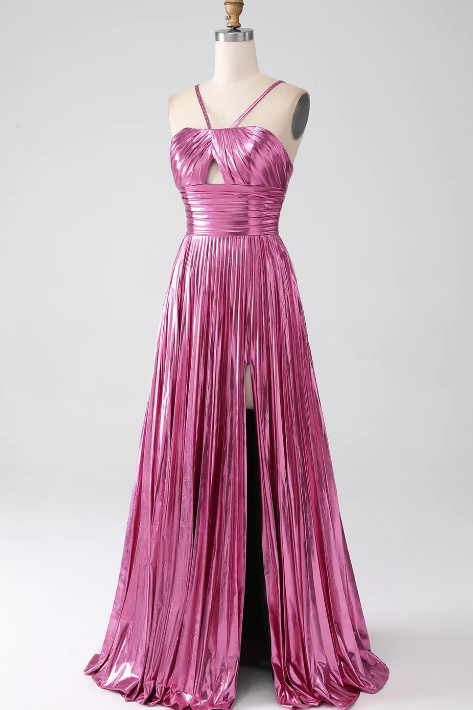 Fuchsia A-Line Esparguete Alças Vestido de Baile Plissado com Fenda