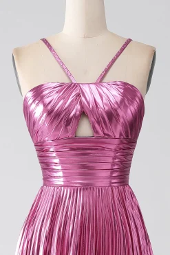 Fuchsia A-Line Esparguete Alças Vestido de Baile Plissado com Fenda