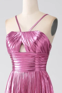 Fuchsia A-Line Esparguete Alças Vestido de Baile Plissado com Fenda