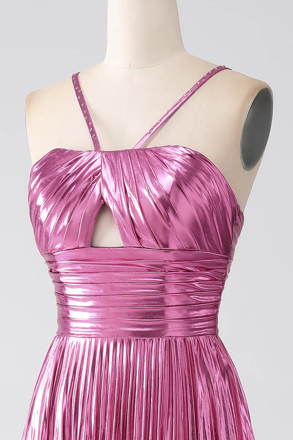 Fuchsia A-Line Esparguete Alças Vestido de Baile Plissado com Fenda