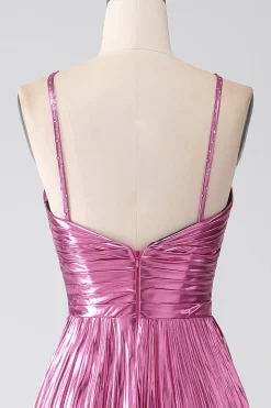 Fuchsia A-Line Esparguete Alças Vestido de Baile Plissado com Fenda