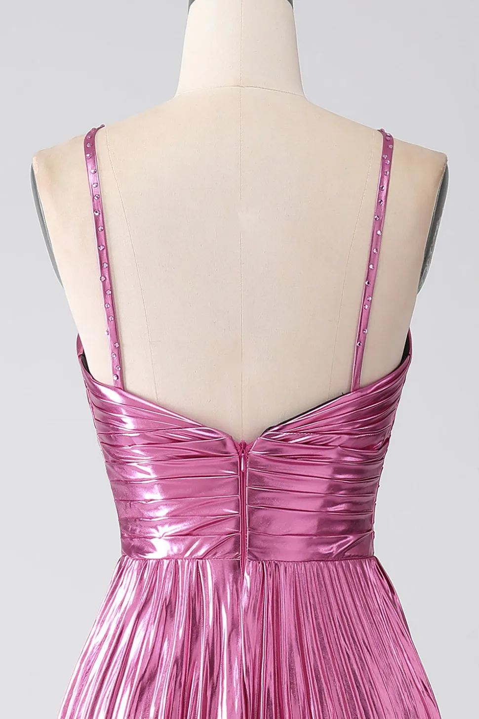Fuchsia A-Line Esparguete Alças Vestido de Baile Plissado com Fenda