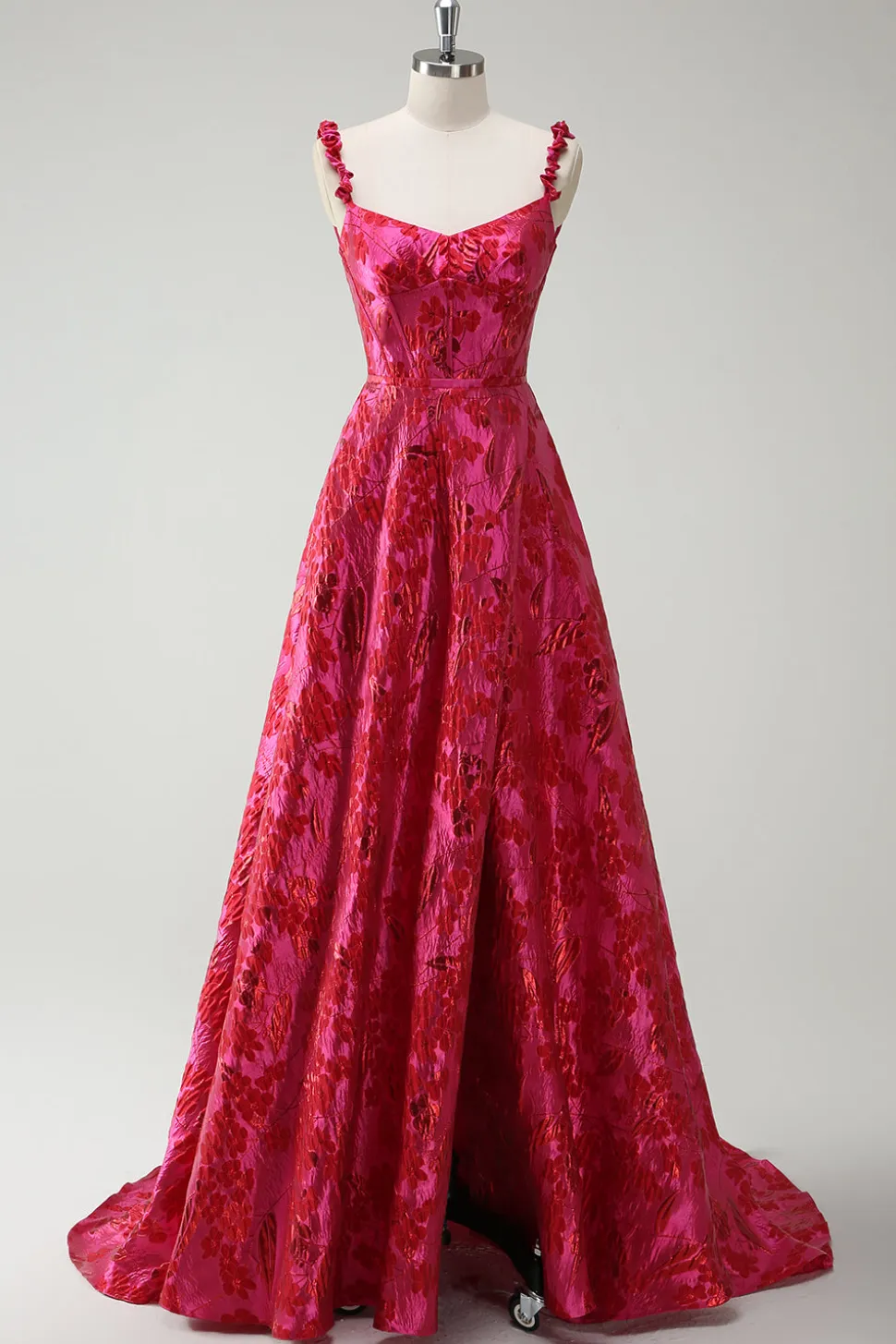 Fuchsia A-Line Esparguete Correias Florais Jacquard Vestido Longo de Baile com Fenda