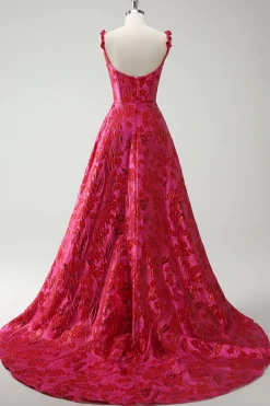 Fuchsia A-Line Esparguete Correias Florais Jacquard Vestido Longo de Baile com Fenda