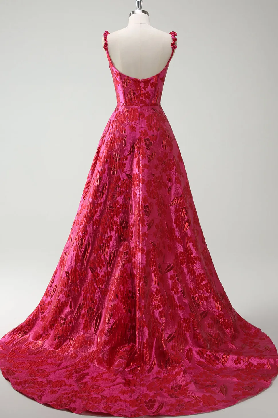 Fuchsia A-Line Esparguete Correias Florais Jacquard Vestido Longo de Baile com Fenda