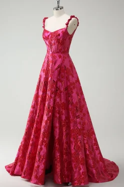 Fuchsia A-Line Esparguete Correias Florais Jacquard Vestido Longo de Baile com Fenda