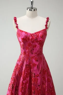 Fuchsia A-Line Esparguete Correias Florais Jacquard Vestido Longo de Baile com Fenda