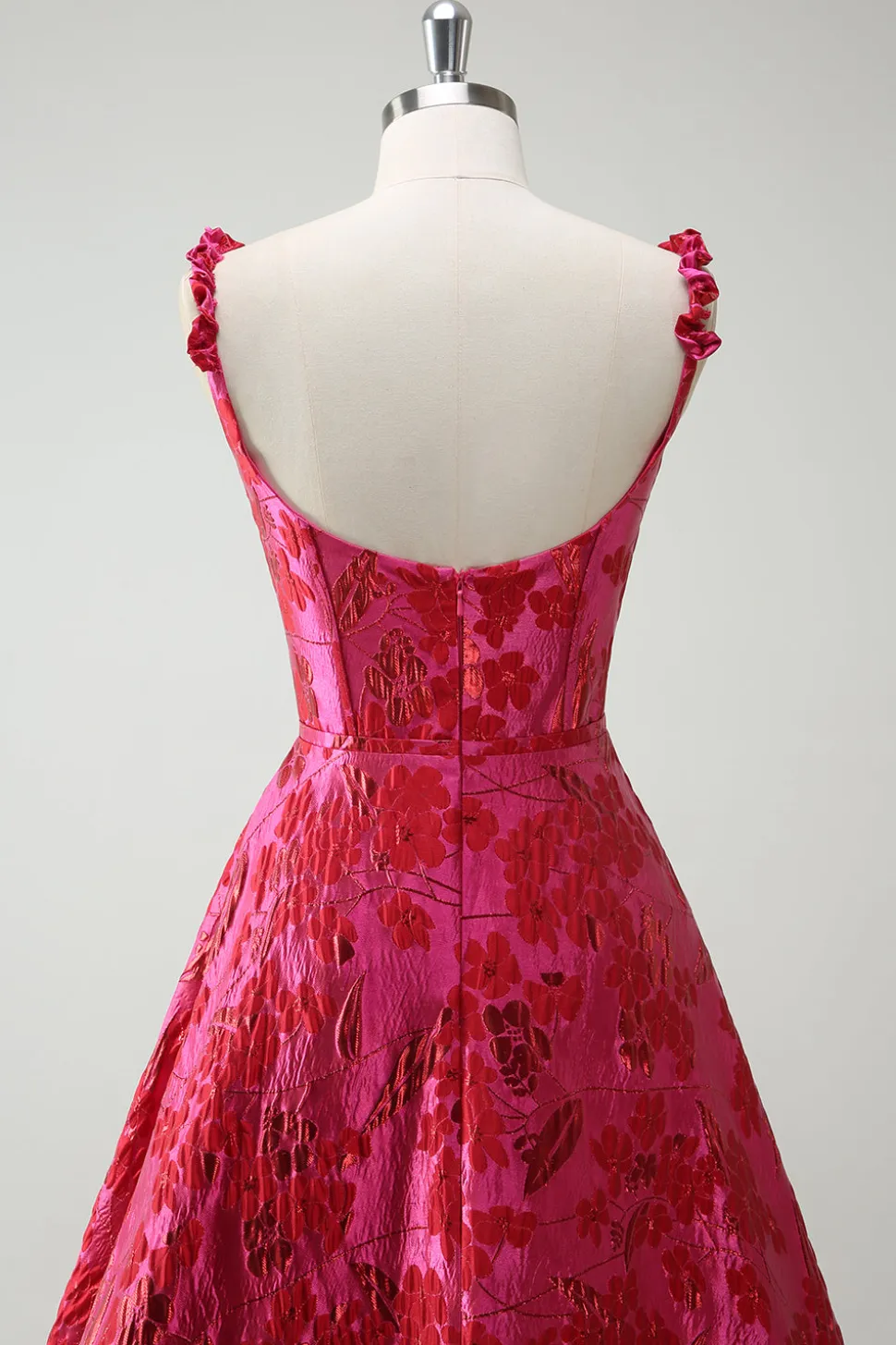 Fuchsia A-Line Esparguete Correias Florais Jacquard Vestido Longo de Baile com Fenda