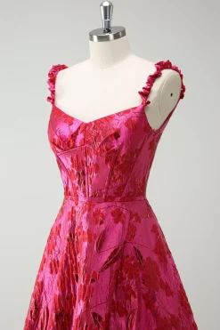 Fuchsia A-Line Esparguete Correias Florais Jacquard Vestido Longo de Baile com Fenda