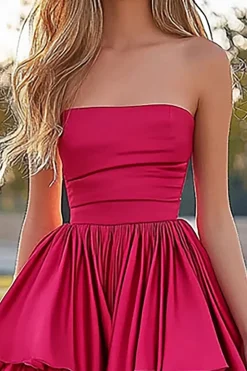 Fuchsia A-Line Strapless Ruffles Cetim plissado alto-baixo vestido de baile