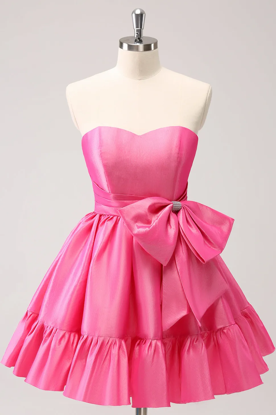 Fuchsia A-Line Strapless Ruffle Vestido Curto Homecoming com Arco