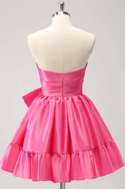 Fuchsia A-Line Strapless Ruffle Vestido Curto Homecoming com Arco