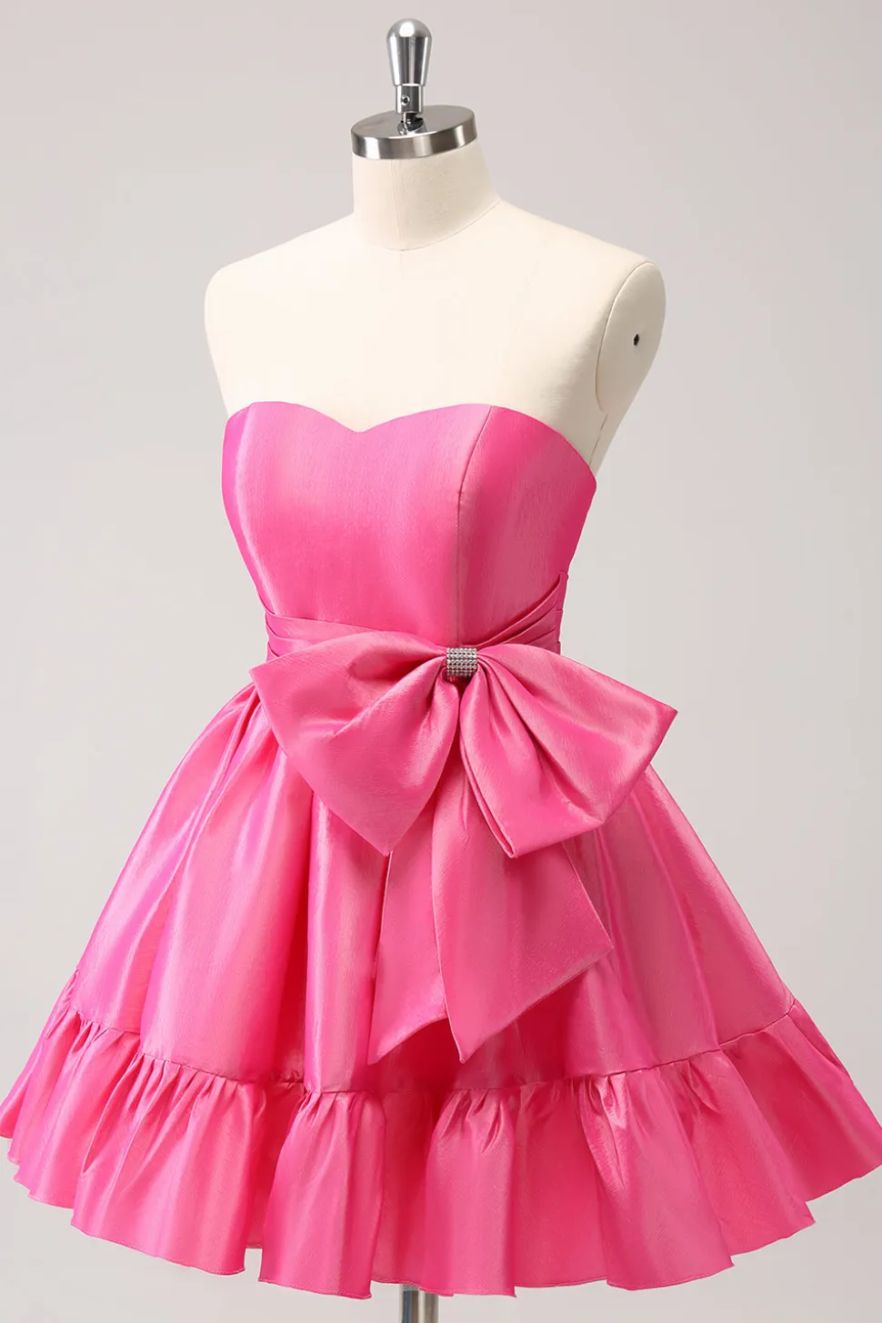 Fuchsia A-Line Strapless Ruffle Vestido Curto Homecoming com Arco
