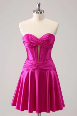 Fuchsia A-Line Sweetheart Corset Vestido Curto Homecoming