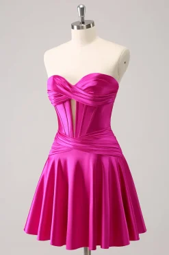 Fuchsia A-Line Sweetheart Corset Vestido Curto Homecoming