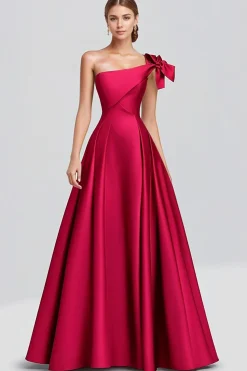 Fuchsia A-Line Um Ombro Arco Cetim Vestido Formal Longo