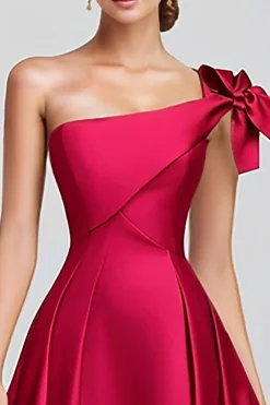 Fuchsia A-Line Um Ombro Arco Cetim Vestido Formal Longo