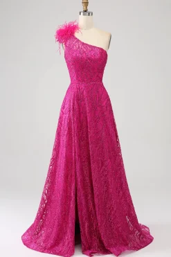 Fuchsia A-Line Um ombro pena lantejoulas longo vestido de baile com fenda