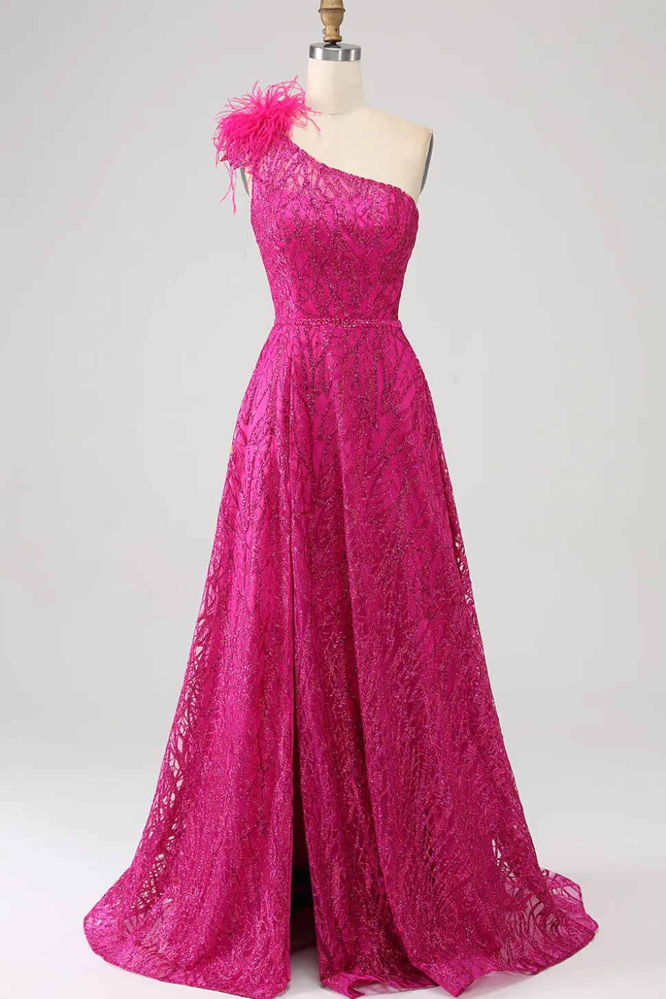 Fuchsia A-Line Um ombro pena lantejoulas longo vestido de baile com fenda