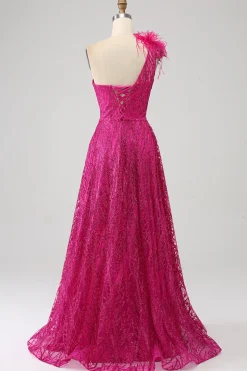 Fuchsia A-Line Um ombro pena lantejoulas longo vestido de baile com fenda